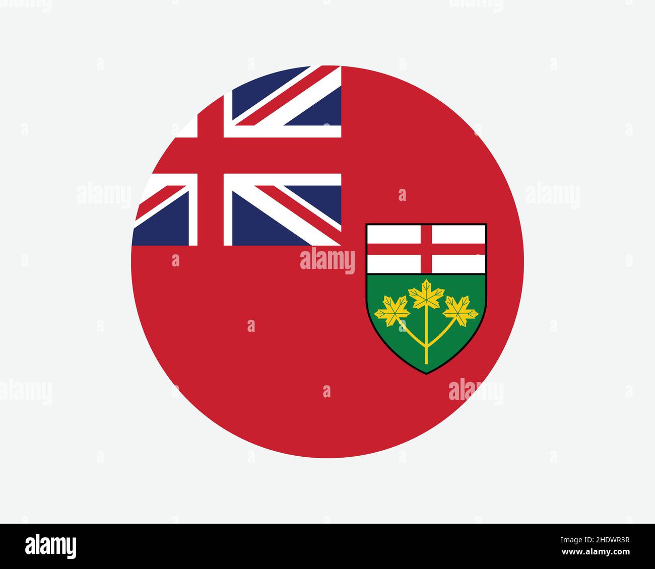 Bandiera a turno dell'Ontario Canada. ON, Canadian Province Circle Flag. Banner a bottoni a forma circolare Ontario Canada. Illustrazione del vettore EPS. Illustrazione Vettoriale