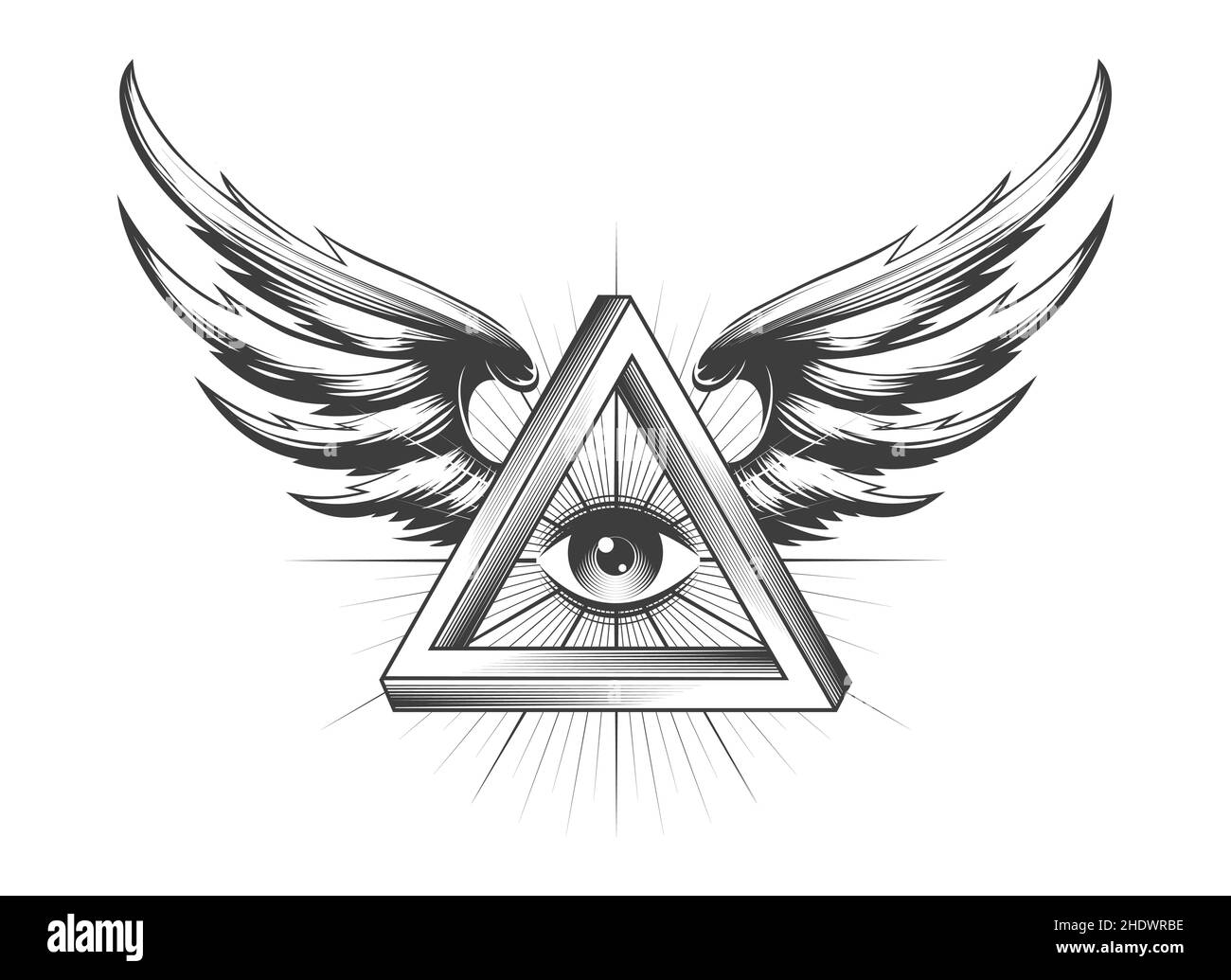 Tatuaggio di Masonic All Seeing Eye dentro Triangolo con ali isolate su bianco. Illustrazione vettoriale. Illustrazione Vettoriale