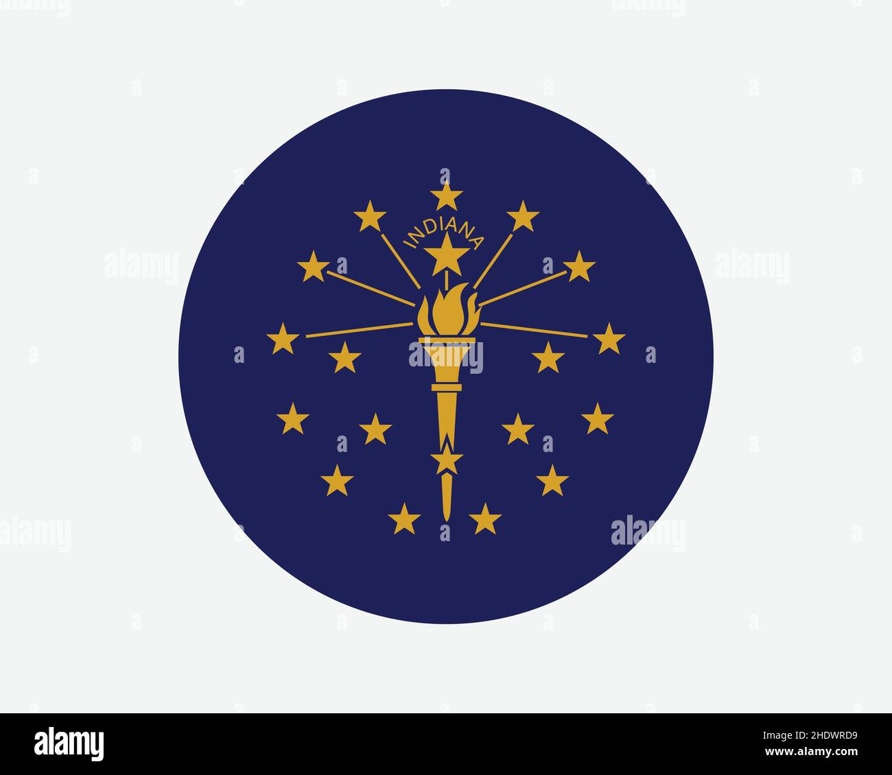 Bandiera statale dell'Indiana USA Round. IN, US Circle Flag. Stato dell'Indiana, Stati Uniti d'America forma circolare pulsante Banner. Illustrazione del vettore EPS. Illustrazione Vettoriale