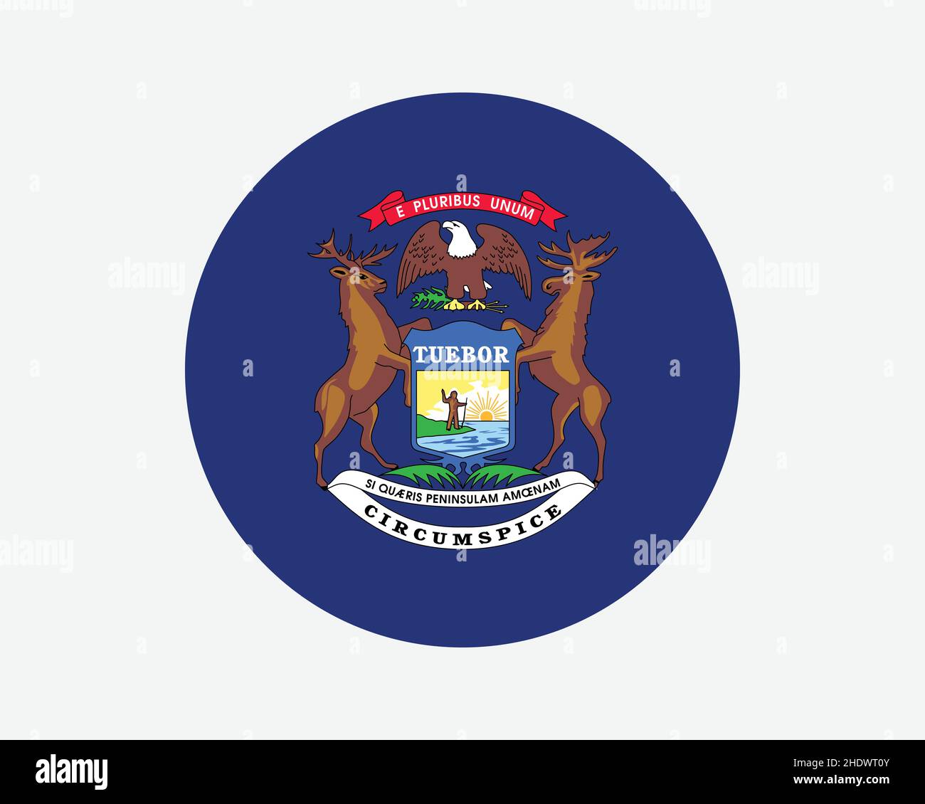 Michigan Stati Uniti Round state Flag. MI, bandiera del cerchio degli Stati Uniti. Stato del Michigan, Stati Uniti d'America pulsante forma circolare Banner. Illustrazione del vettore EPS. Illustrazione Vettoriale