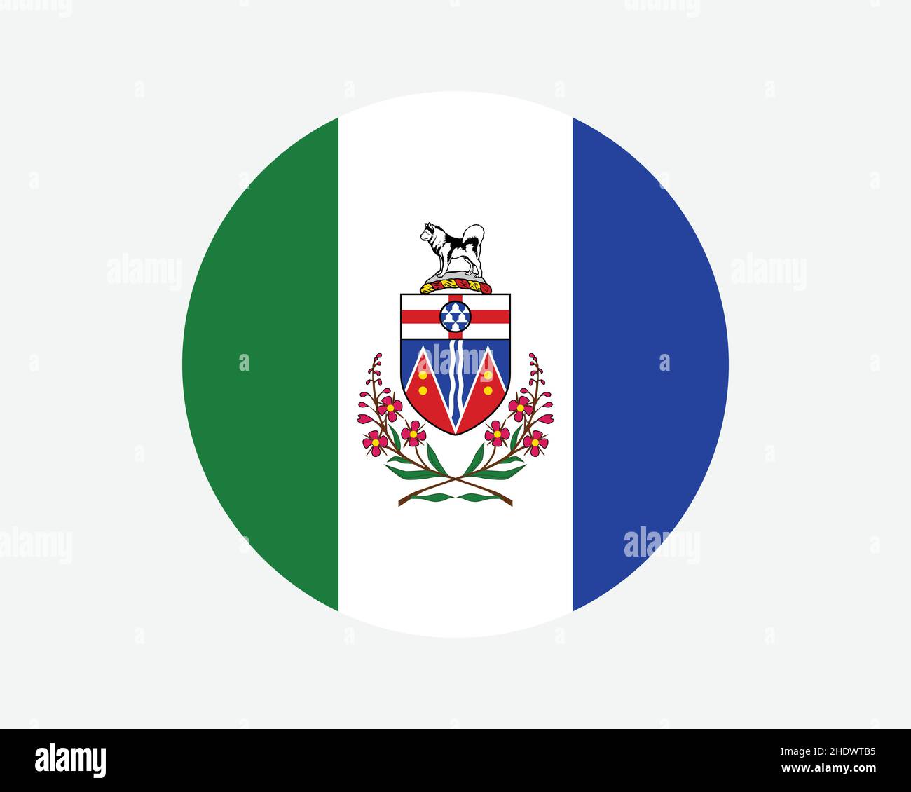 Bandiera rotonda di Yukon Canada. YT, Canadian Territory Circle Flag. Yukon Canada Banner a forma circolare. Illustrazione del vettore EPS. Illustrazione Vettoriale