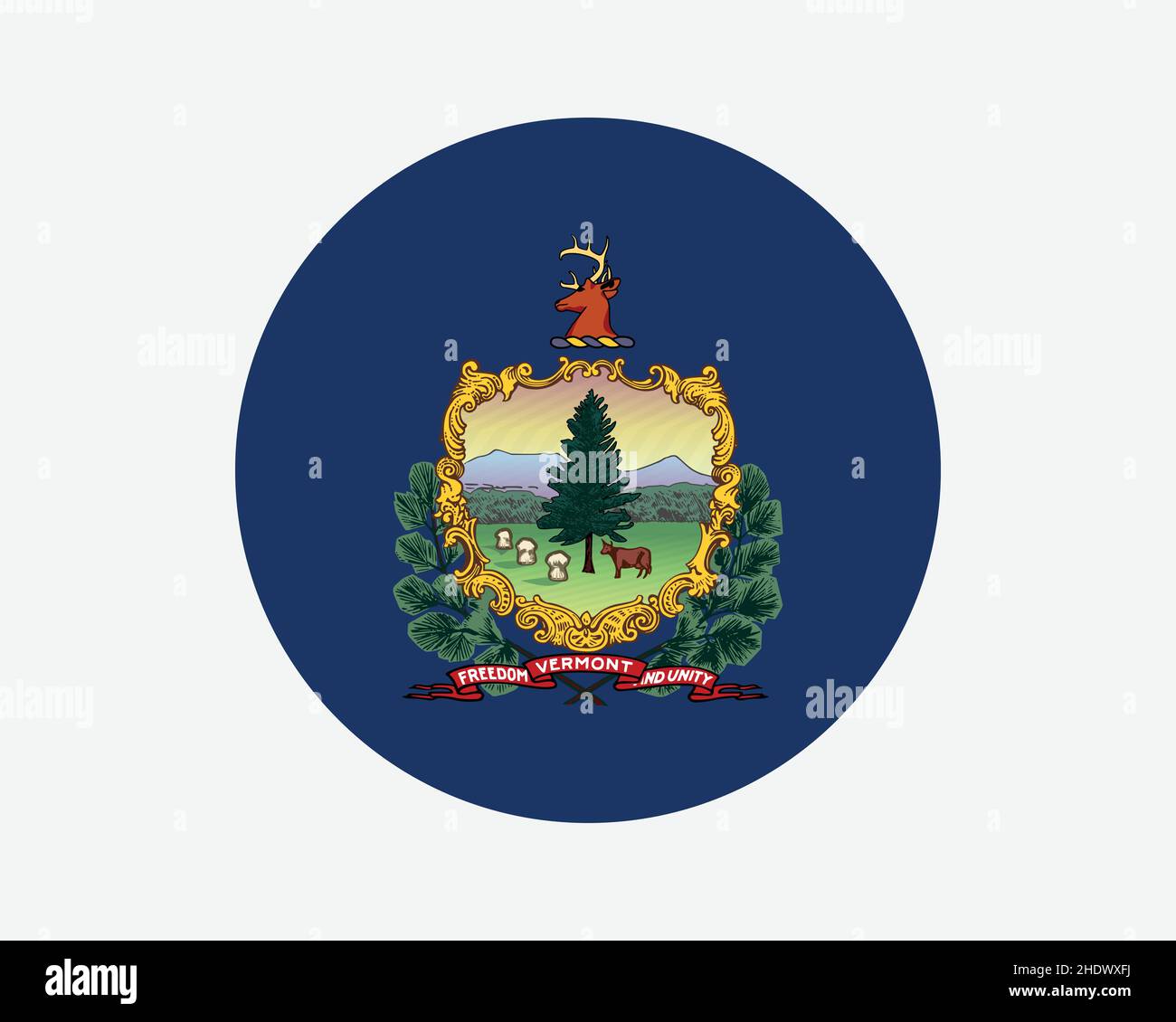 Bandiera dello Stato del Vermont USA Round. VT, US Circle Flag. Stato del Vermont, Stati Uniti d'America forma circolare pulsante Banner. Illustrazione del vettore EPS. Illustrazione Vettoriale