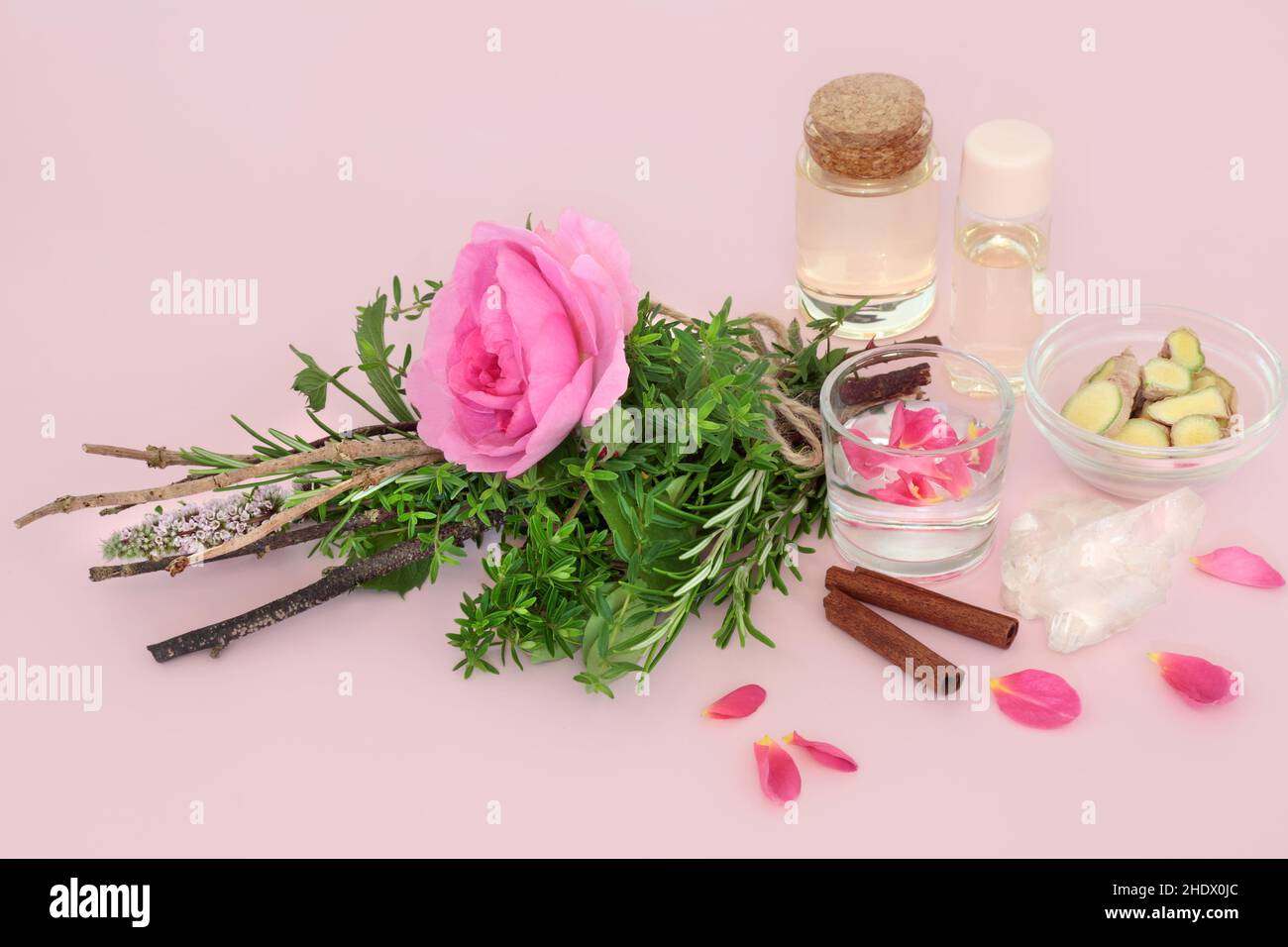 Le streghe amano la pozione preparazione con fiore di rosa e pacchetto di erbe, cristallo di quarzo, acqua di sorgente, bottiglie di olio, zenzero e cannella spezia su rosa. Foto Stock