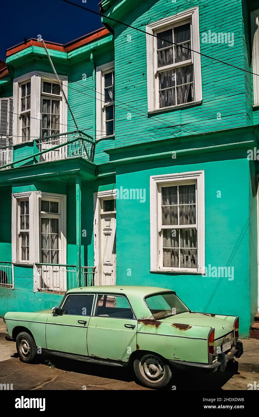 oldtimer, casa in legno, valparaiso, oldtimers, case in legno Foto Stock