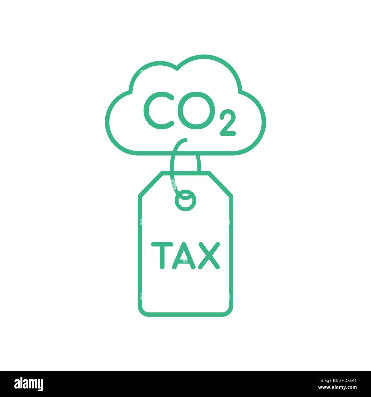 CO2 icona della riga IVA. Etichetta di imposta sul carbonio applicata a una nuvola. Tassazione dell'inquinamento ambientale. CO2 compensazione delle emissioni. Vettore, illustrazione, piatto. Illustrazione Vettoriale