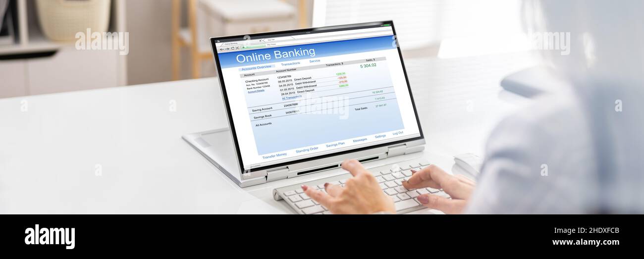 Online Banking su notebook. Saldo e risparmio Foto Stock