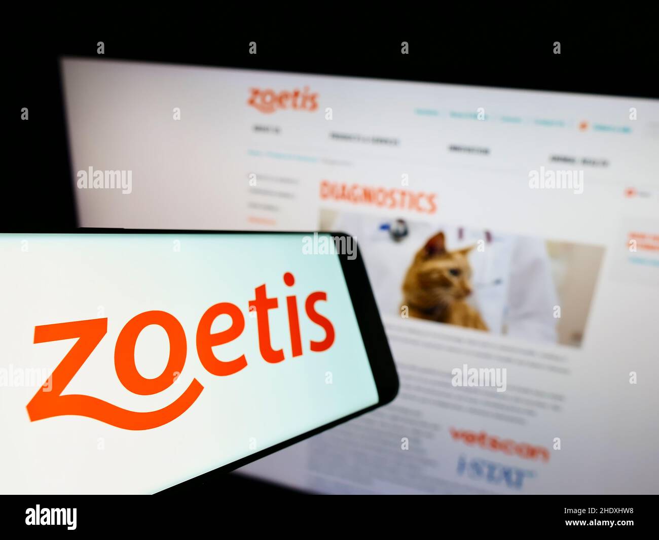 Smartphone con logo della società americana Zoetis Inc. Di droga animale sullo schermo di fronte al sito web aziendale. Messa a fuoco al centro-sinistra del display del telefono. Foto Stock