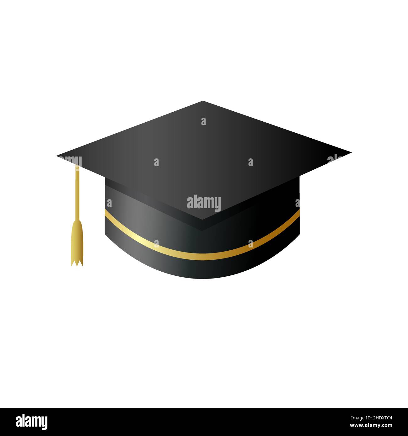 Tappo graduato nero vettoriale con nappina d'oro isolata su sfondo bianco. 3D cappello accademico quadrato per la cerimonia di laurea. Elemento per il tuo progetto Illustrazione Vettoriale