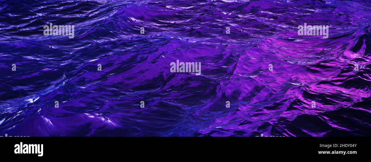 Primo piano onde di mare in un viola retrò umore. Sfondo dell'acqua di rendering 3D panoramico Foto Stock