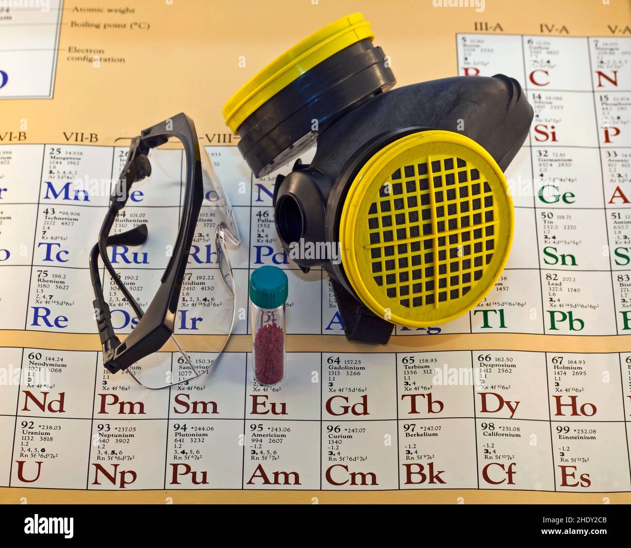 Una tavola periodica con prodotti chimici, maschera e occhiali. Foto Stock