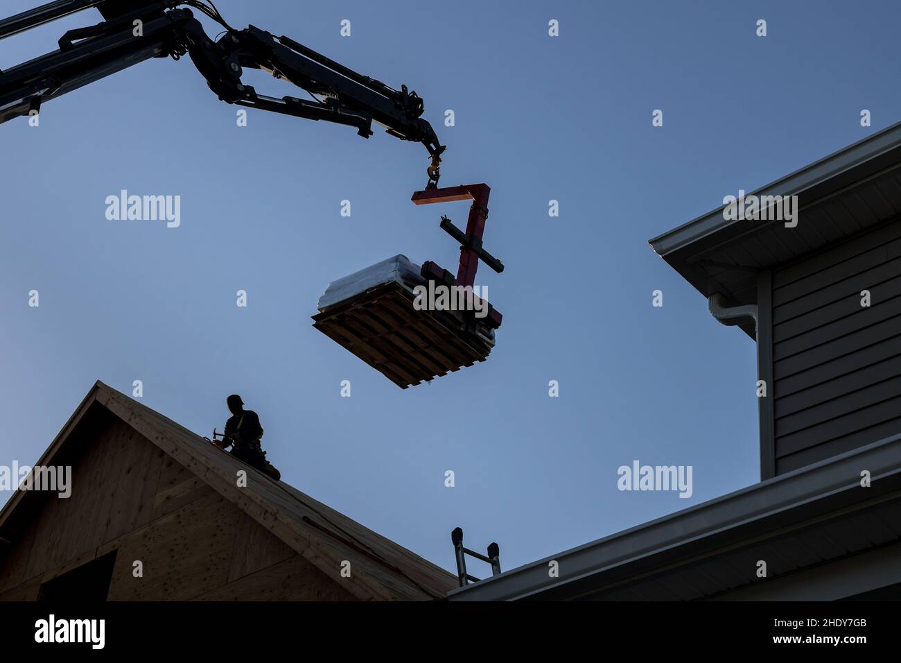 materiale da costruzione, consegna, carrello elevatore, materiali da costruzione, consegna, consegne, consegne, carrelli elevatori Foto Stock