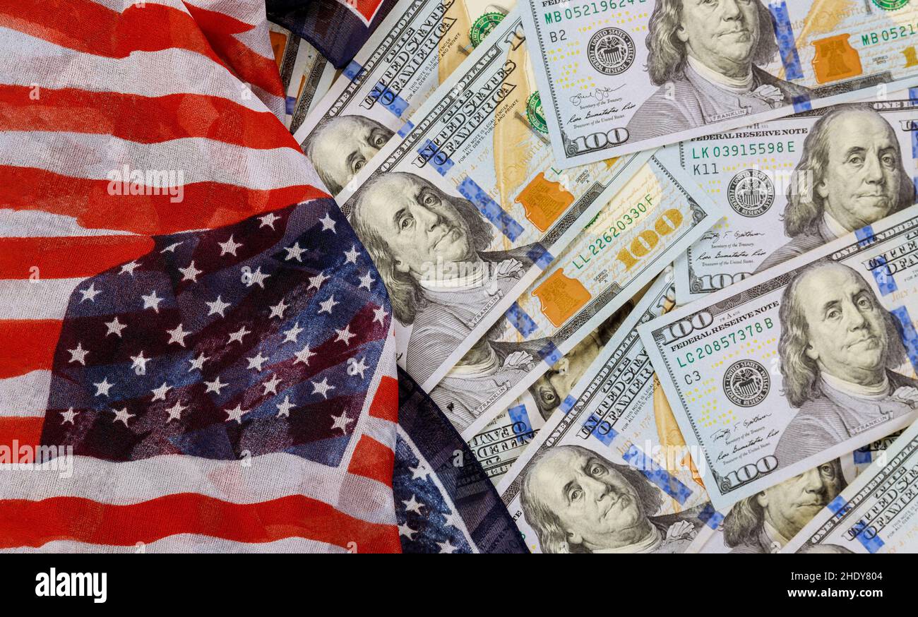 dollaro, bandiera americana, soldi americani, dollari, bandiere americane Foto Stock