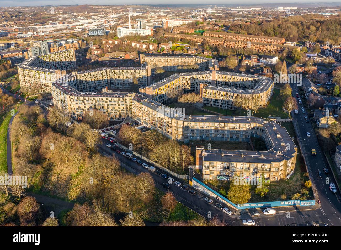 Vista aerea degli edifici di appartamenti del parco Hill a Sheffield, South Yorkshire Foto Stock