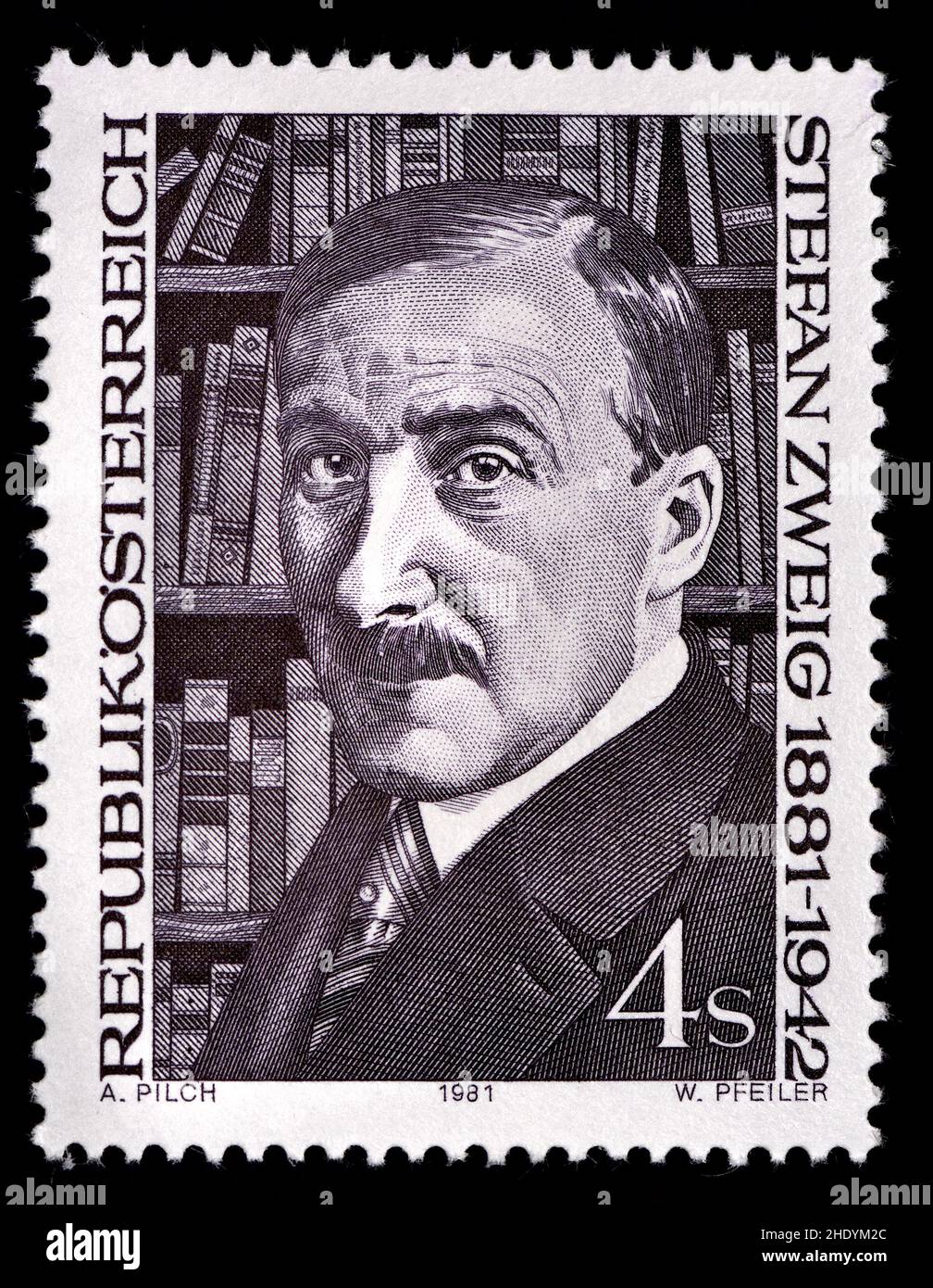 Francobollo austriaco (1981) : Stefan Zweig (1881 – 1942) romanziere, drammaturgo, giornalista e biografo austriaco. Foto Stock