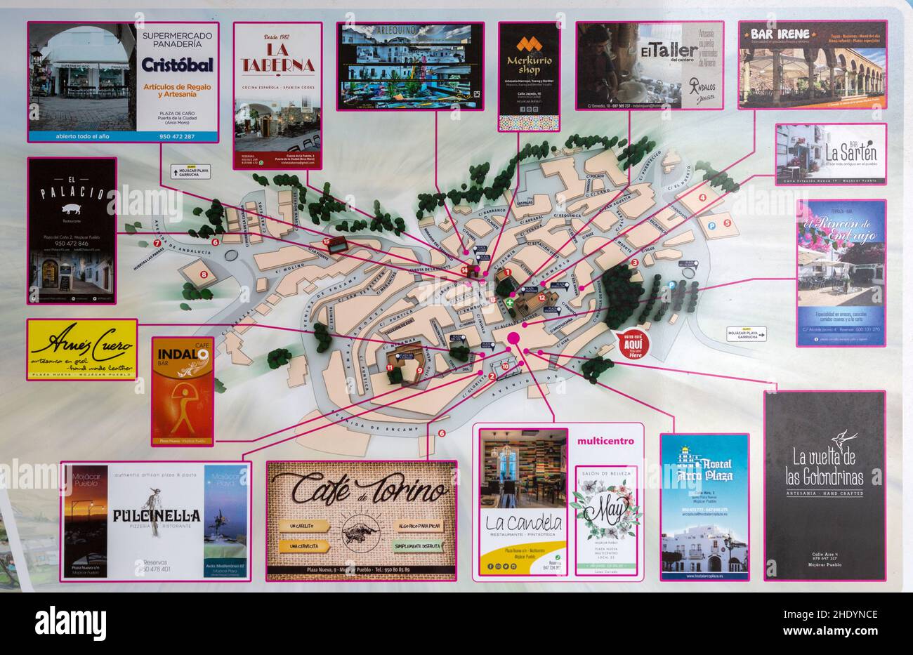 Mappa turistica del villaggio che mostra attrazioni negozi e ristoranti, Mojacar, Almeria, Spagna Foto Stock