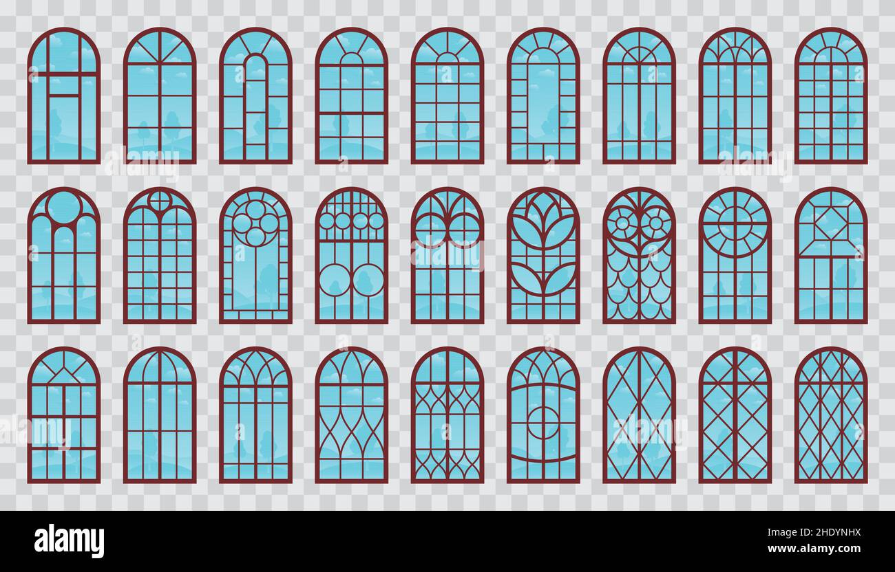 Collezione di telai in legno ad arco per finestre. Set vettoriale di finestre isolate con riflesso cielo per la visualizzazione esterna su architettura. Illustrazione Vettoriale