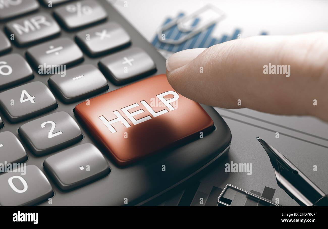 Primo piano su una calcolatrice concettuale premendo con il dito il pulsante della guida. Immagine composita tra una fotografia a mano e uno sfondo a 3D°. Foto Stock