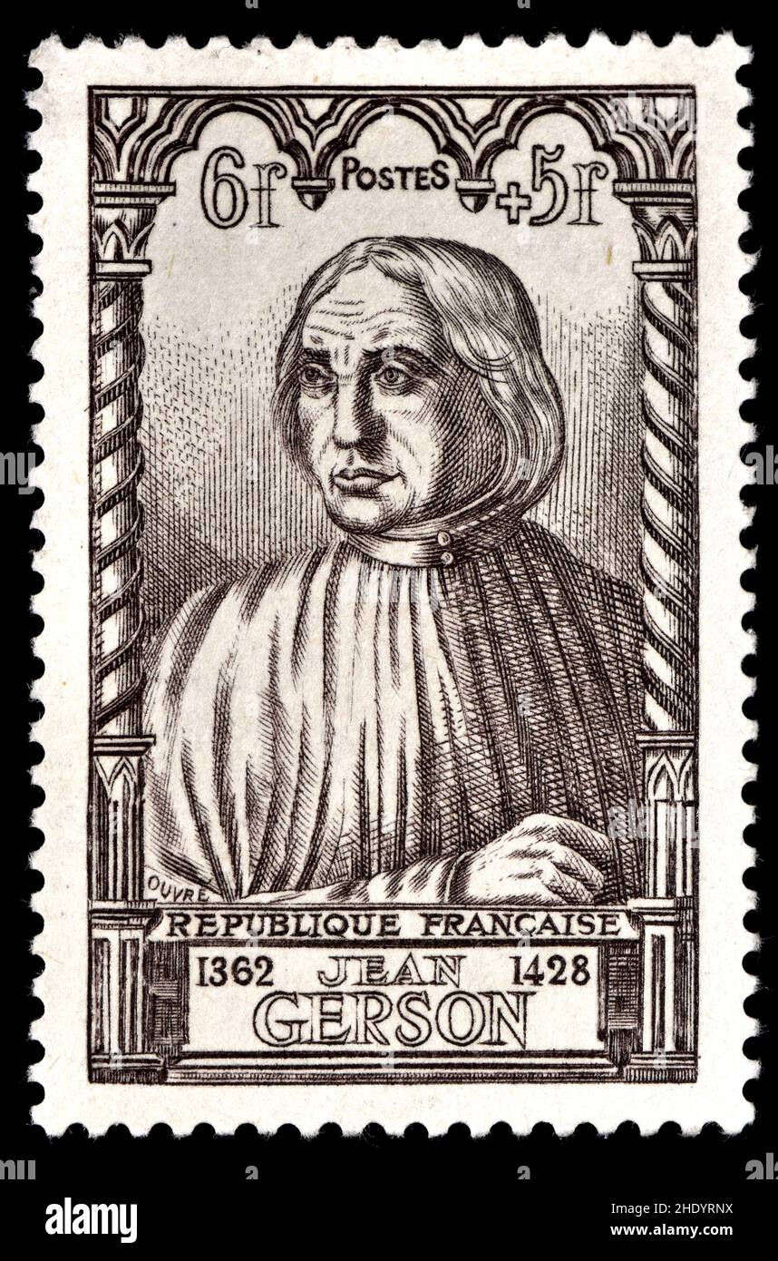 Francobollo francese (1946) : Jean Charlier de Gerson (1363 – 1429) studioso, educatore, riformatore e poeta francese Foto Stock