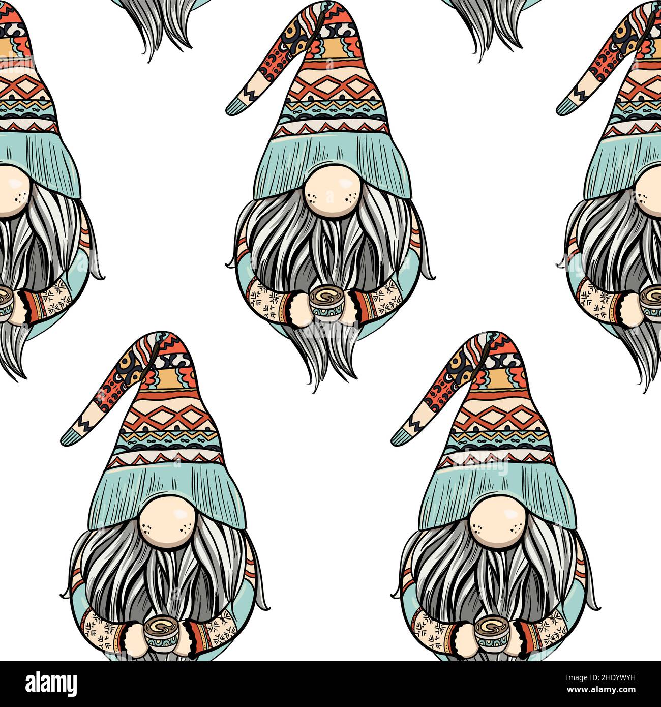 Disegno senza giunture di uno gnome con una barba in un cappello. Capodanno e natale simbolo su sfondo bianco isolato. Illustrazione di alta qualità Foto Stock