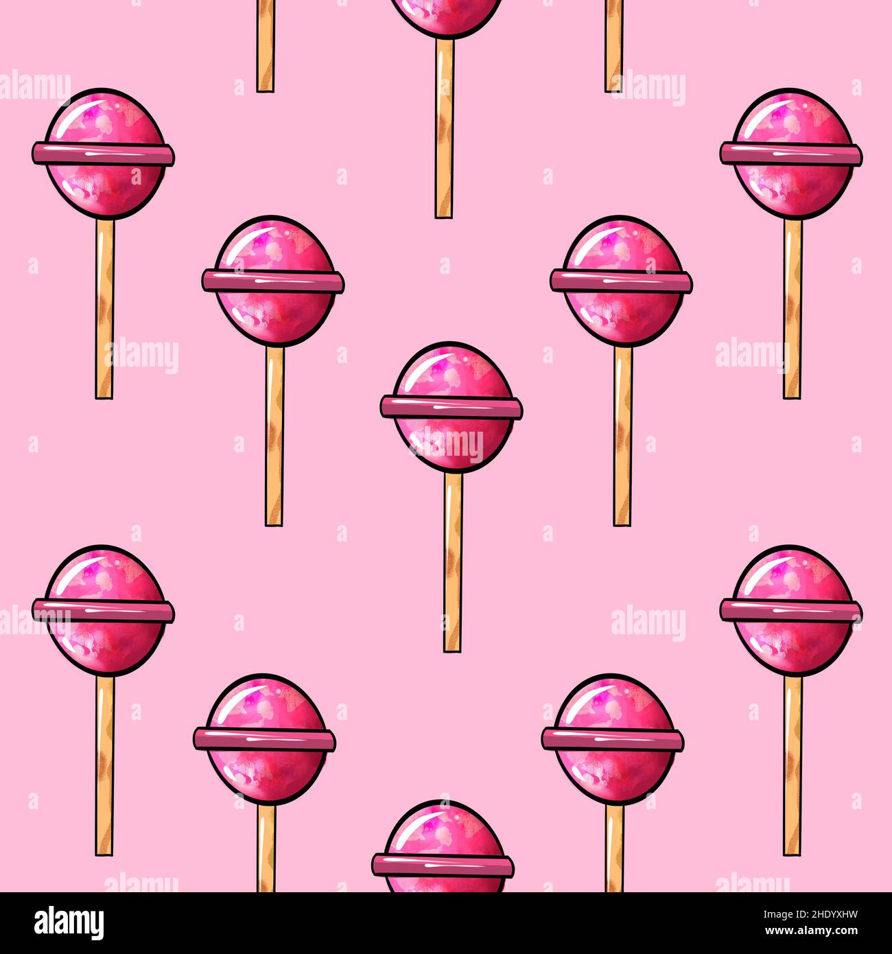 Lollipop di caramelle con motivo raster senza cuciture a forma di sfera rosa su sfondo rosa. Illustrazione di alta qualità Foto Stock