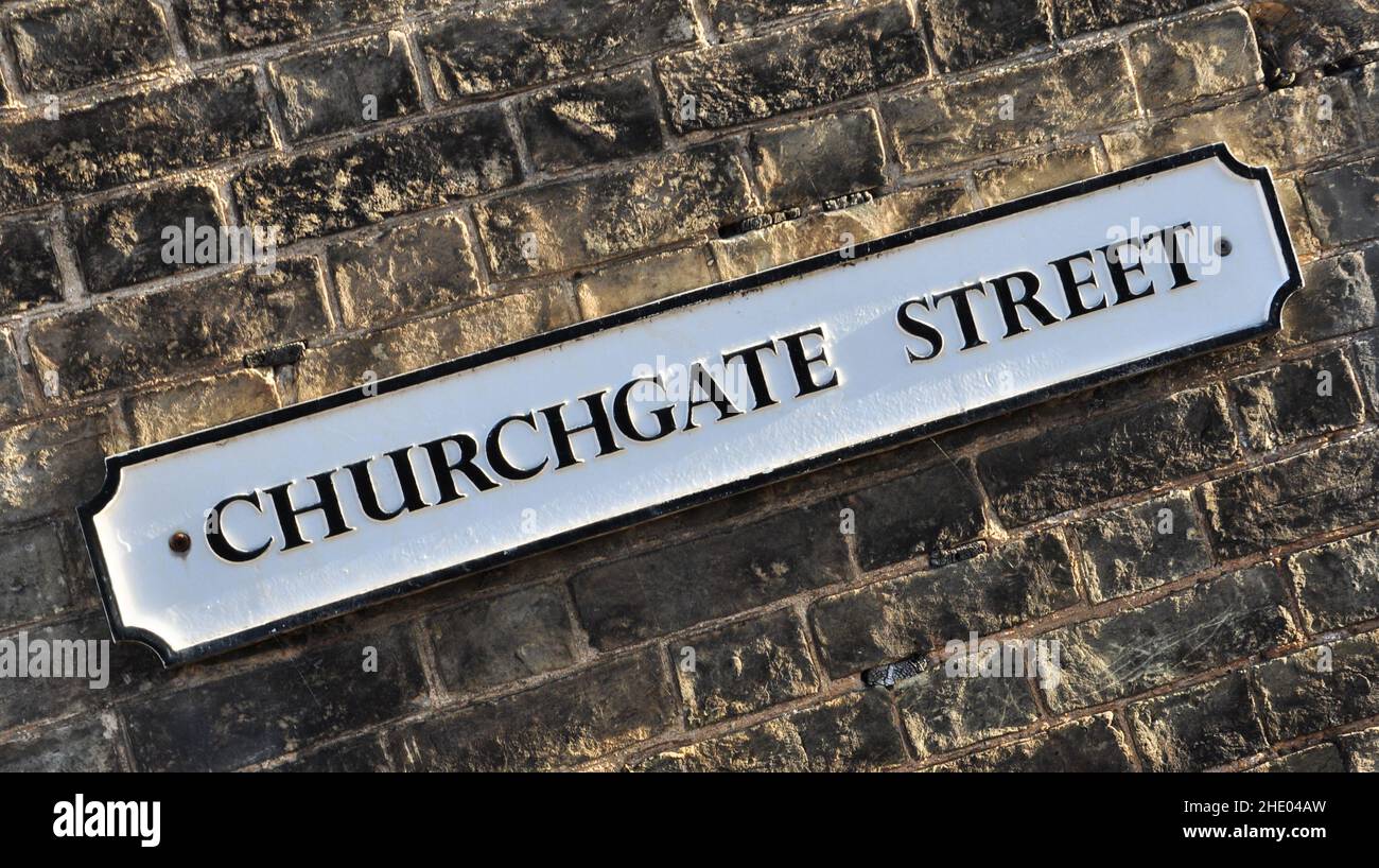 Churchgate Street cartello nome, Soham, Cambridgeshire, Inghilterra, Regno Unito Foto Stock