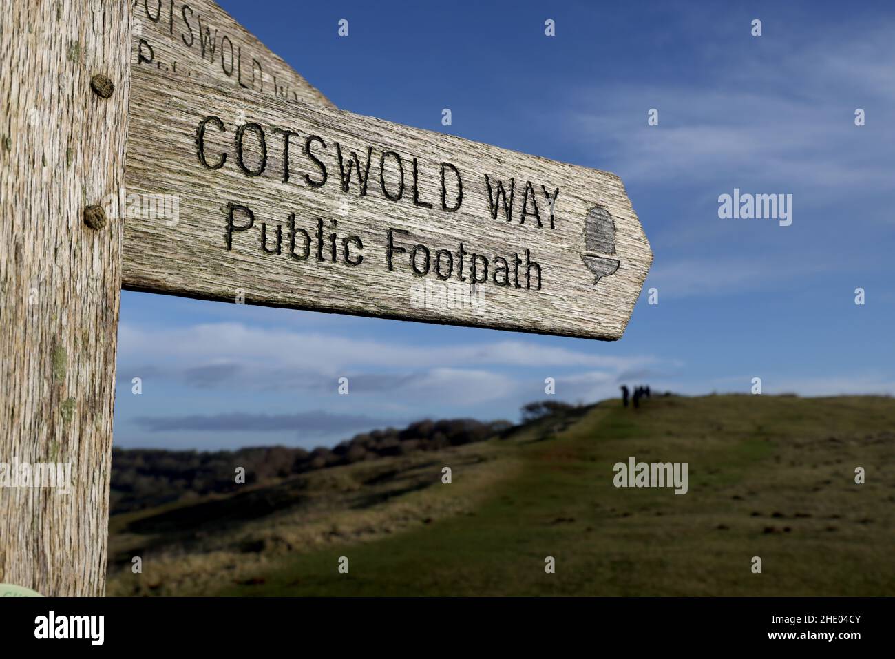 Cotswold Way pubblico sentiero segno, su Crickley Hill, Gloucestershire, Regno Unito - 7 Gennaio 2022 Foto di Andrew Higgins/Thousand Word Media NO SALES, N Foto Stock