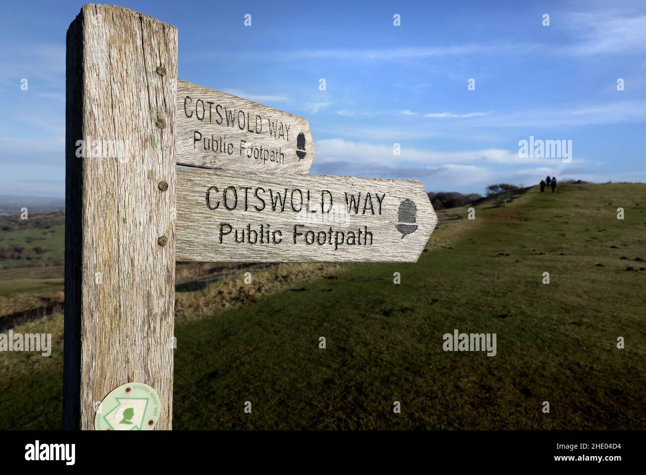 Cotswold Way pubblico sentiero segno, su Crickley Hill, Gloucestershire, Regno Unito - 7 Gennaio 2022 Foto di Andrew Higgins/Thousand Word Media NO SALES, N Foto Stock