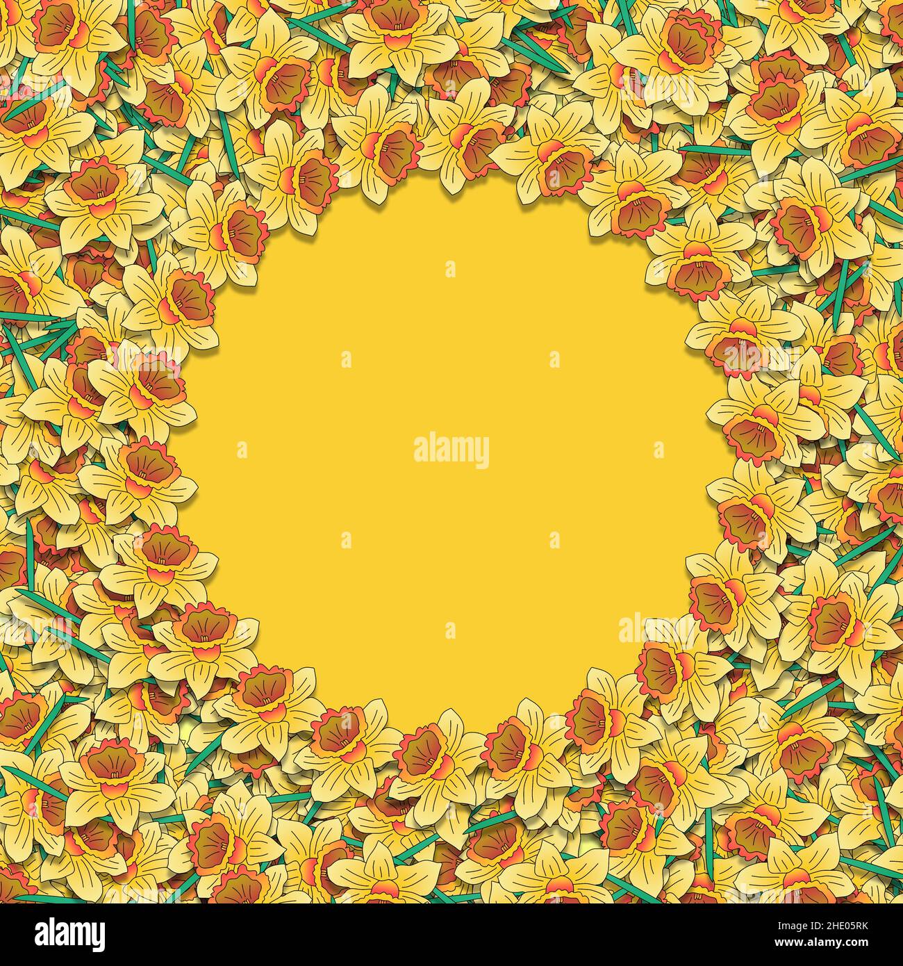 Illustrazione di sfondo floreale di una massa di fiori colorati di naffodil bordo su uno sfondo giallo con spazio per il testo. Foto Stock