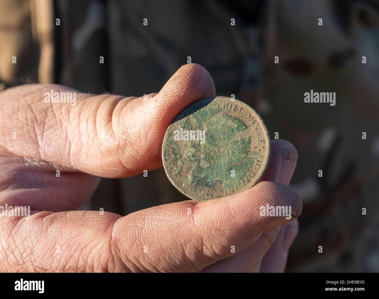 George V Penny e la moneta vittoriana trovato essere un rivelatore di metalli West Lothian, Scozia. Foto Stock