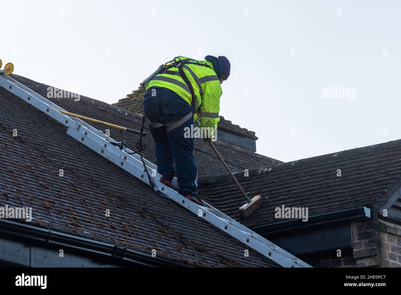 Uomo che lavora su un tetto, pulendo muschio da un tetto piastrellato con una scopa, collegato da una linea di sicurezza ad una scala Foto Stock