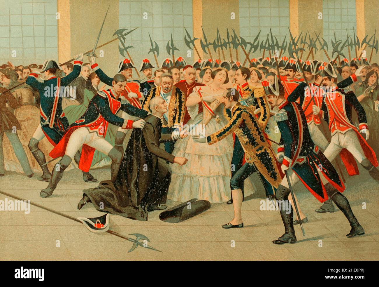 Storia della Spagna. Madrid. Tentativo di regicide da parte del sacerdote Martín Merino Gómez (1789-1852) contro la regina Isabella II il 2 febbraio 1852. In occasione della presentazione della neonata Infanta Isabella, detta la Chata, alla cerimonia che si sarebbe svolta nella Basilica di Atocha, il sacerdote Merino ha approfittato della partenza della Regina dalla Cappella reale in direzione di Atocha. La regina teneva l'Infanta tra le braccia quando fu sorpresa da un ecclesiastico che, fingendosi un arco, la stablò nel petto con un coltello nascosto nella sua cassoniera. La regina crollò all'indietro, Foto Stock