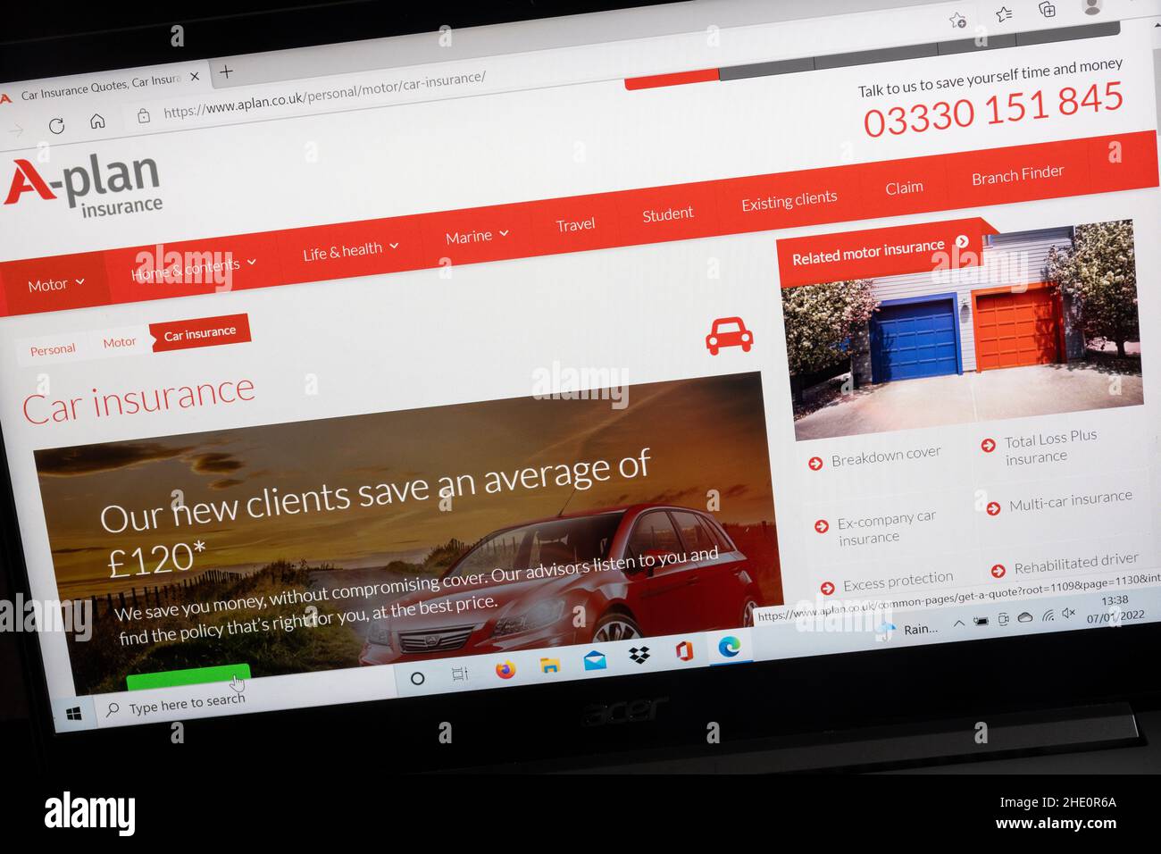 A-Plan Insurance Company sito web su un computer portatile, Regno Unito. Pagina assicurazione auto Foto Stock