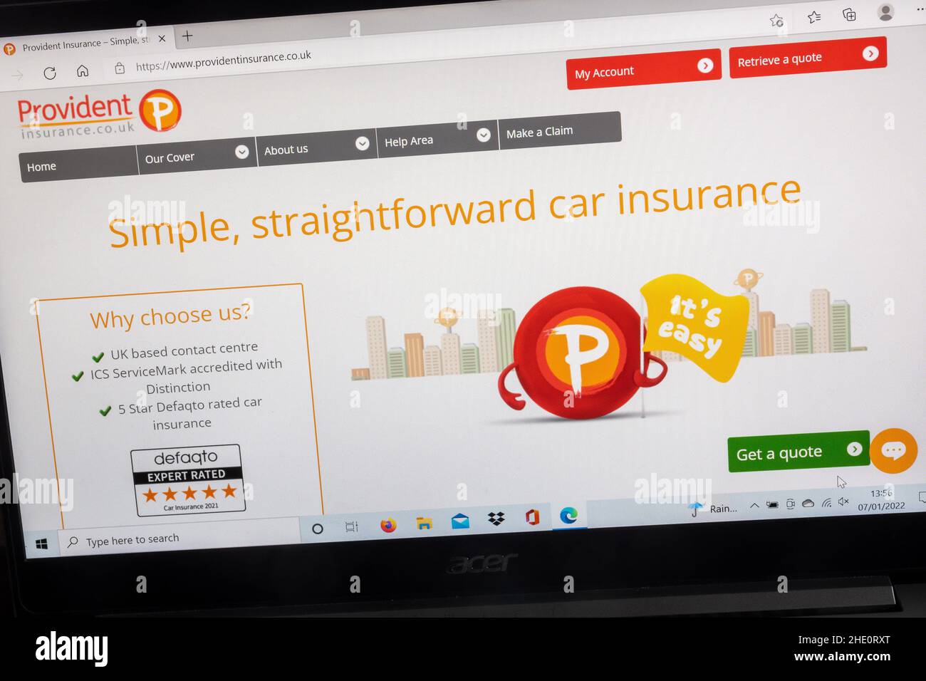 Sito Web Provident Insurance Company su un computer portatile, Regno Unito. Pagina assicurazione auto Foto Stock