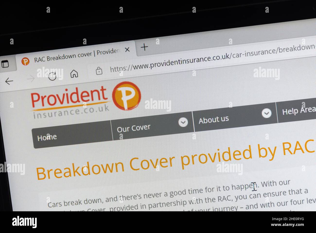 Sito Web Provident Insurance Company su un computer portatile, Regno Unito. Copertura di guasto fornita dal RAC. Foto Stock