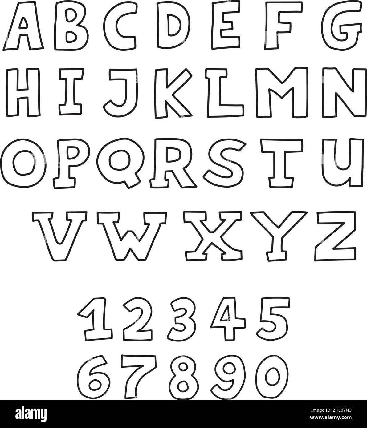 Alfabeto infantile e cartoon disegnato a mano e numeri in stile doodle isolato. Illustrazione Vettoriale