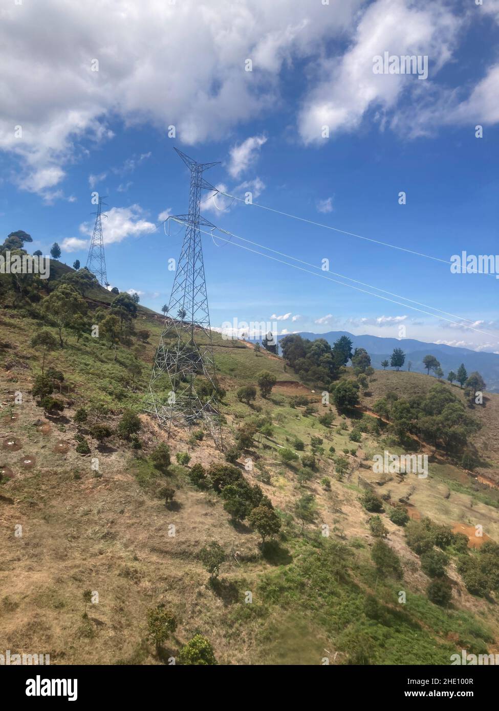 Connected Elettricità Pylons nelle montagne vicino a molti alberi e piante in una bella giornata di sole Foto Stock