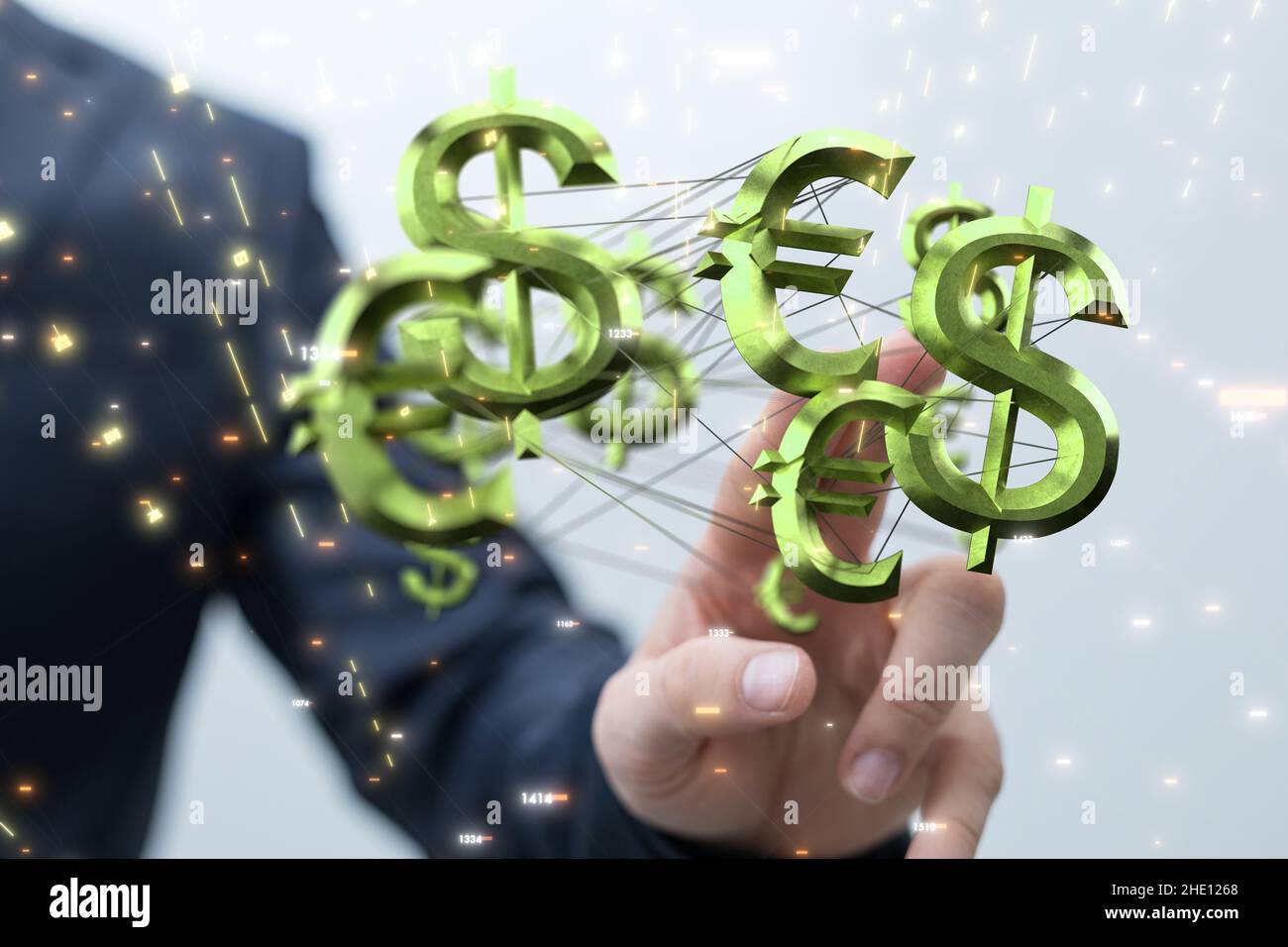 La mano del maschio che punta ai segni illustrati del dollaro e dell'euro Foto Stock