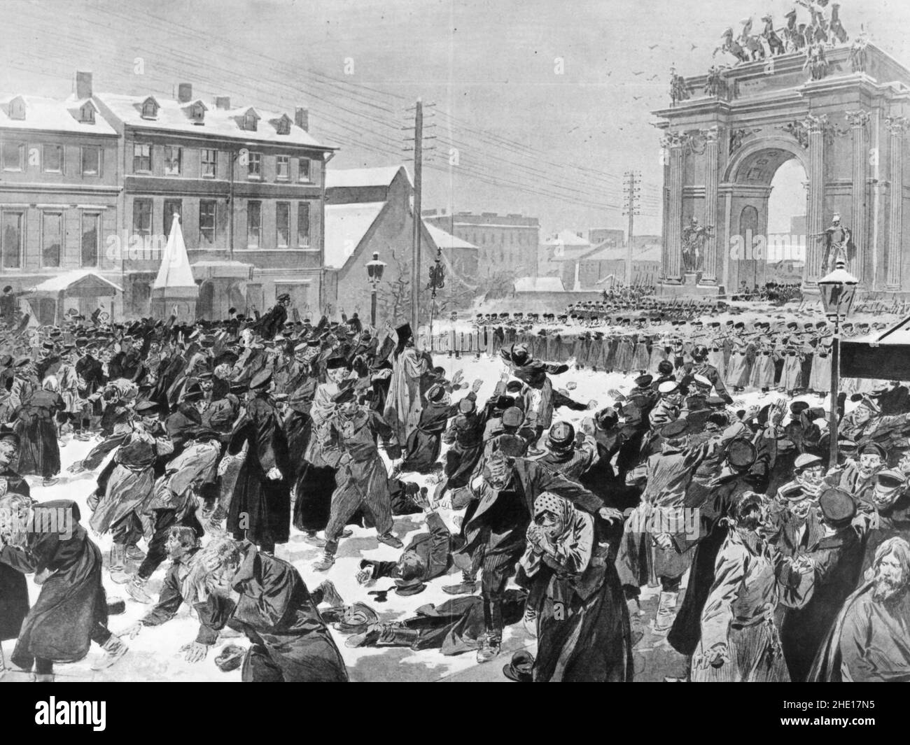 Truppe che massacrano i manifestanti civili durante la repressione della rivolta nel 1905. Il 22 gennaio 1905 migliaia di manifestanti hanno marciato sul Palazzo d'Inverno per rancellare le loro rimostranze contro le condizioni di lavoro. Sono stati incontrati dall'esercito e la protesta è stata arrestata, con la perdita di circa 200 morti. Foto Stock
