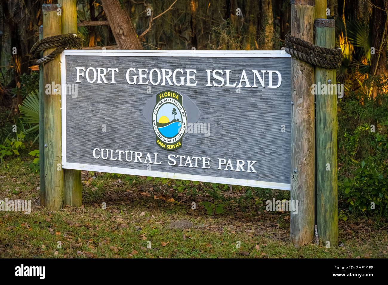 Cartello d'ingresso al Fort George Island Cultural state Park a Jacksonville, Florida. (USA) Foto Stock