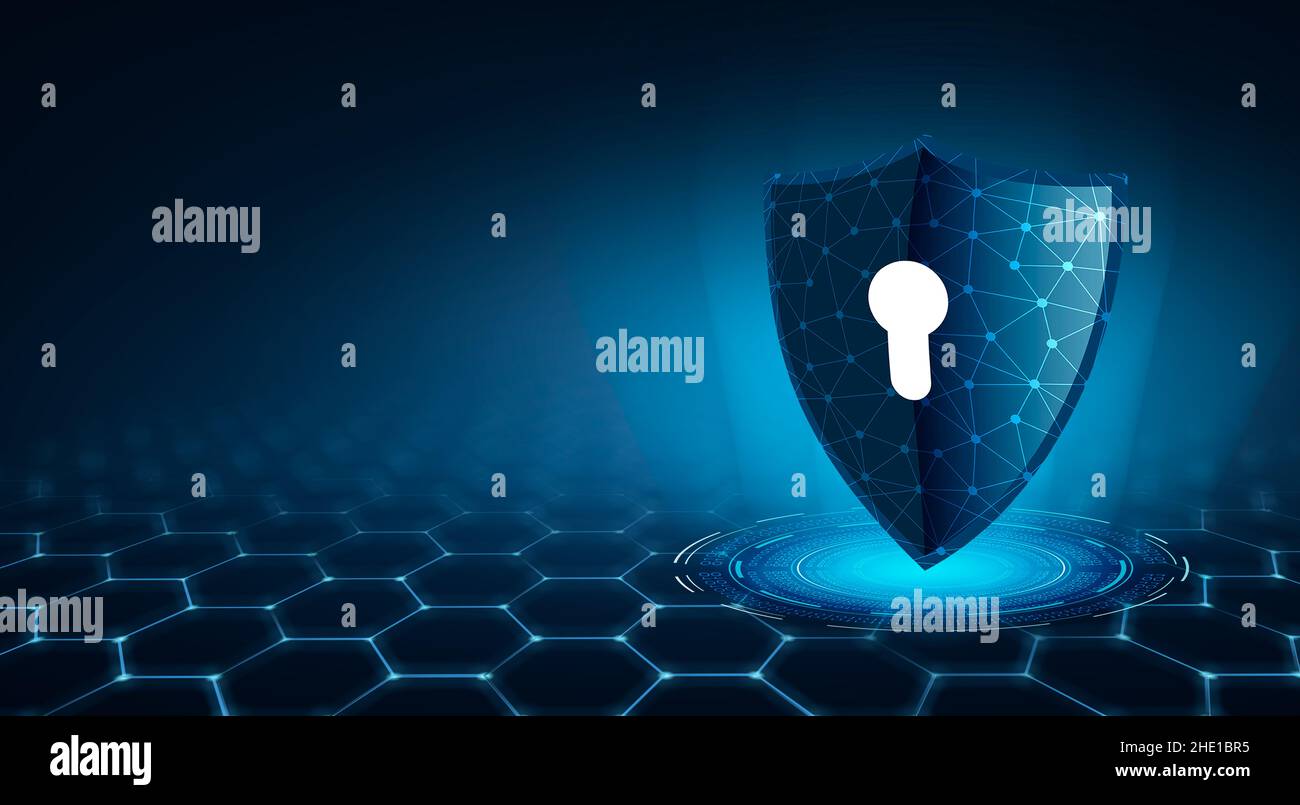 Shield con chiave all'interno su sfondo blu il concetto di cybersicurezza Internet Foto Stock