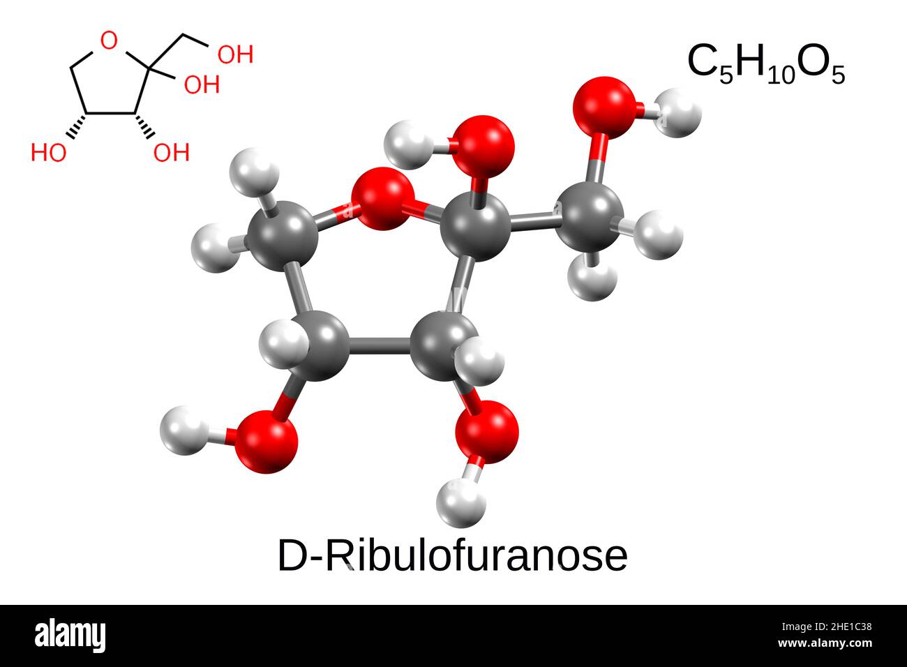 Formula chimica, formula strutturale e modello a 3D sfere di alfa-D-ribulofuranosio, fondo bianco Foto Stock