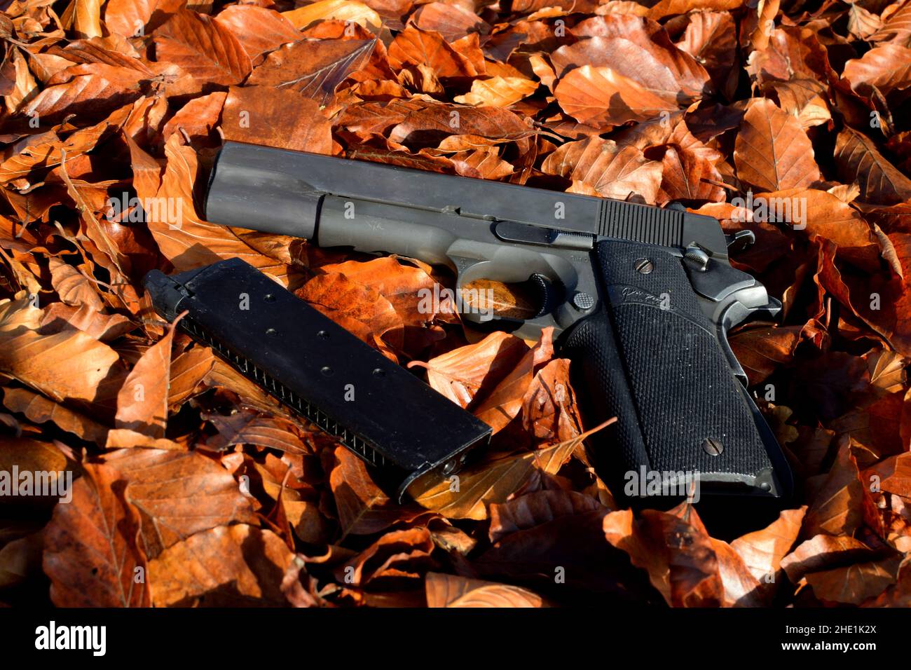 Airsoft replica pistola si posa in foglie d'autunno. Foto Stock