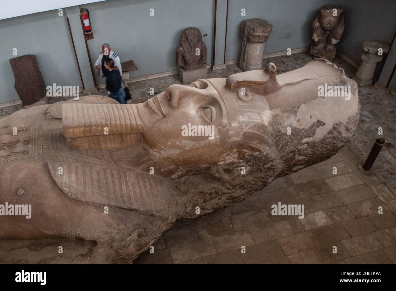 Una statua gigante di Rameses II, un faraone egiziano si trova nel museo costruito per mostrarlo a Memphis, Egitto. Foto Stock