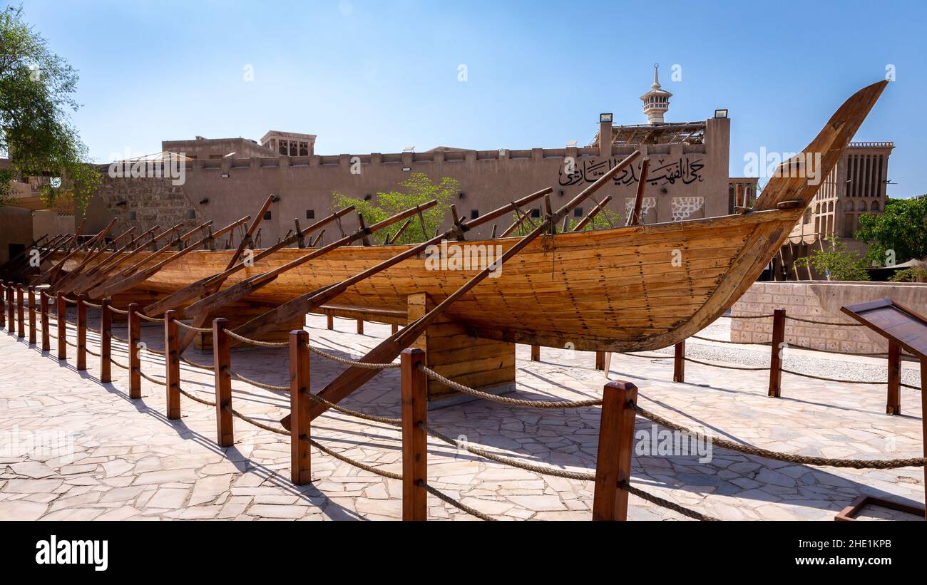 Dubai, Emirati Arabi Uniti, 27.09.2021. Al Fahidi Boat - Barca da corsa in legno che apparteneva al tardo Sheikh Maktoum bin Rashid al Maktoum. Foto Stock