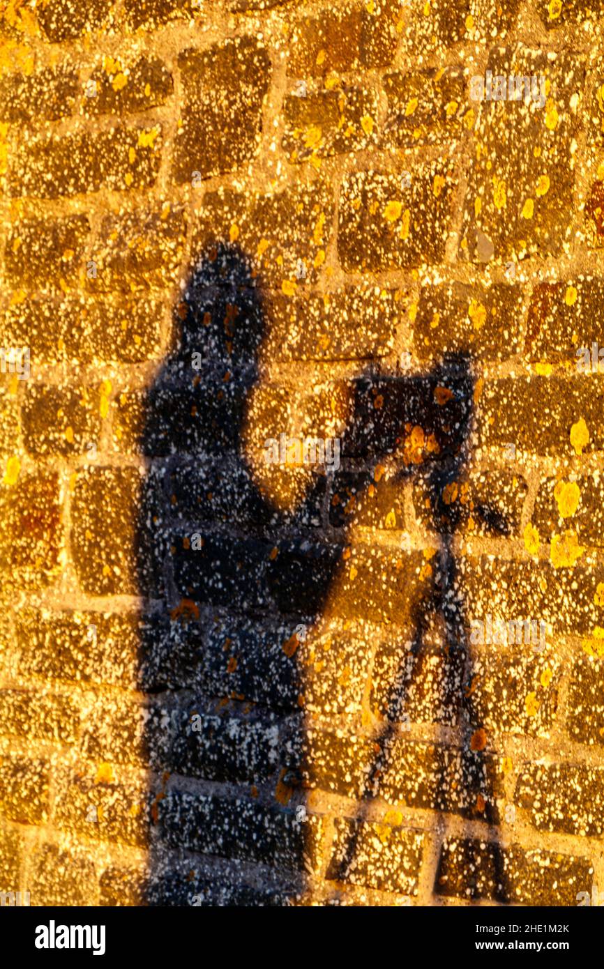 Ombra della fotocamera su un muro di pietra Foto Stock