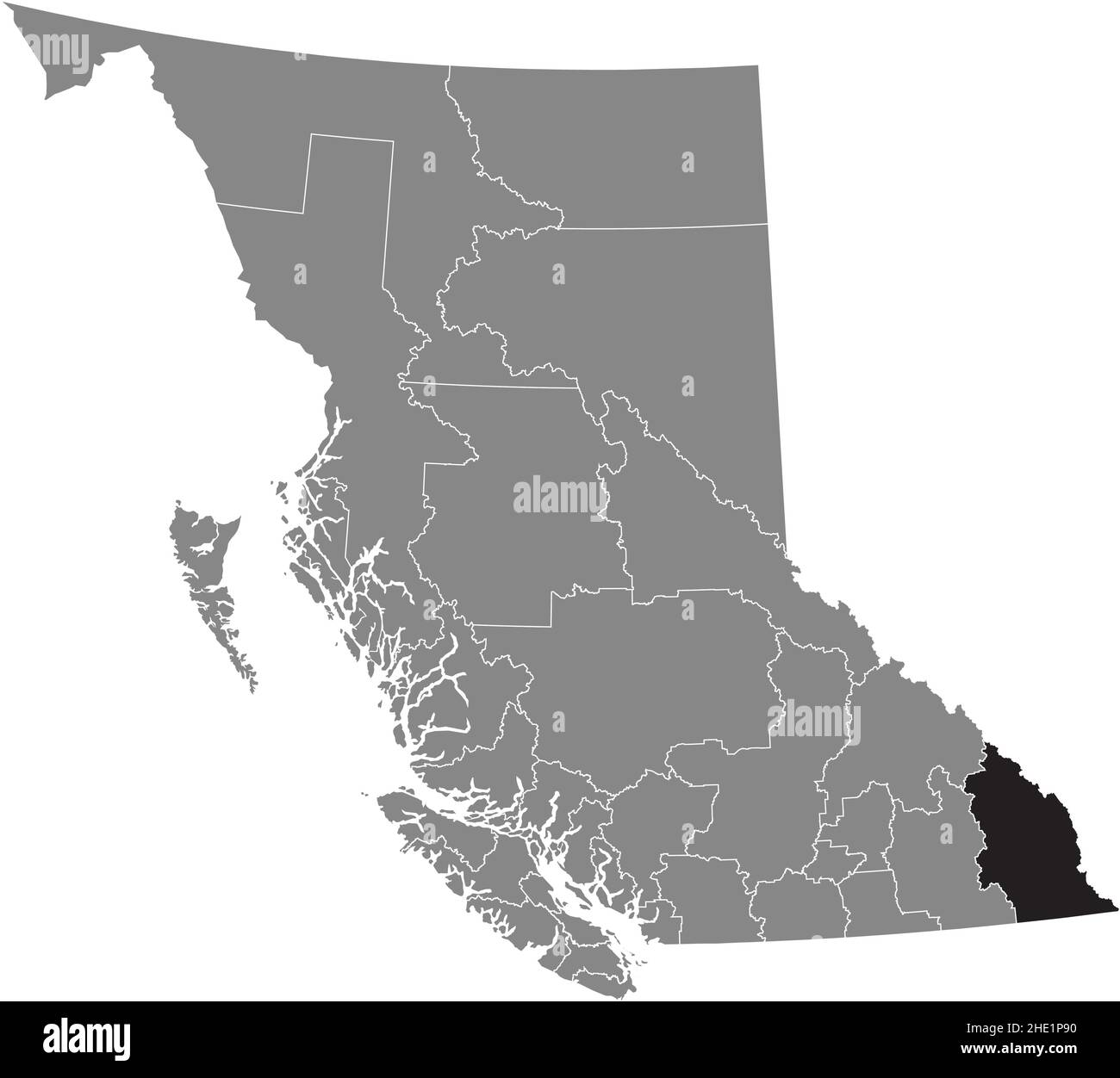 Nero piatto vuoto evidenziato mappa della posizione del distretto regionale DI KOOTENAY EST all'interno di grigio mappa amministrativa della provincia canadese di British Co Illustrazione Vettoriale