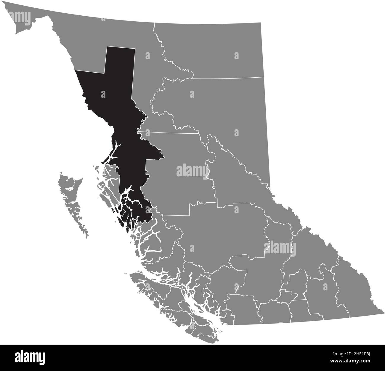 Nero piatto vuoto evidenziato mappa della posizione del distretto regionale KITIMAT–STIKINE all'interno di grigio mappa amministrativa della provincia canadese di British Illustrazione Vettoriale