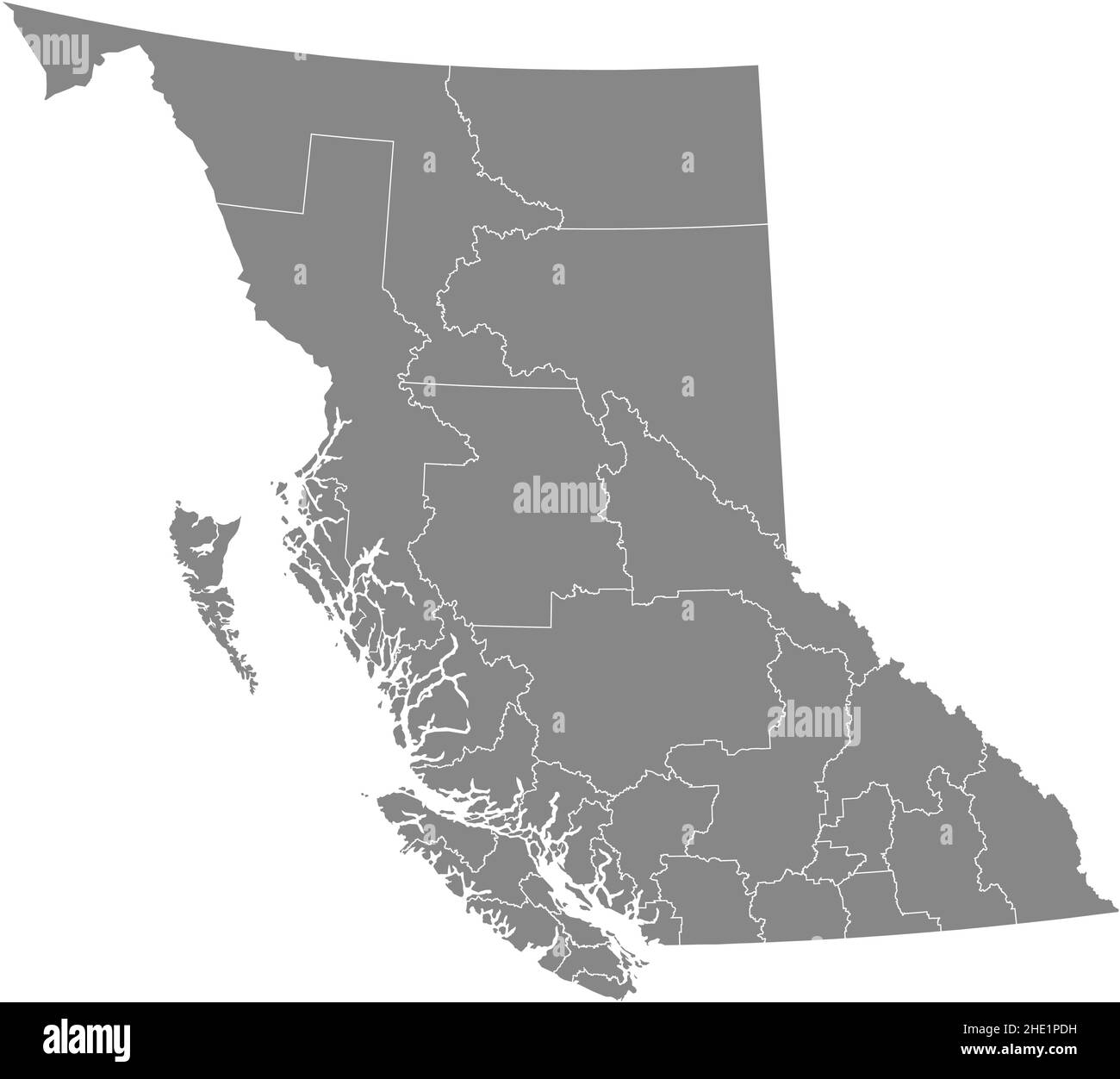 Mappa amministrativa vettoriale vuota e piatta grigia della provincia canadese DELLA COLUMBIA BRITANNICA, CANADA, con linee di confine bianche dei suoi distretti regionali Illustrazione Vettoriale