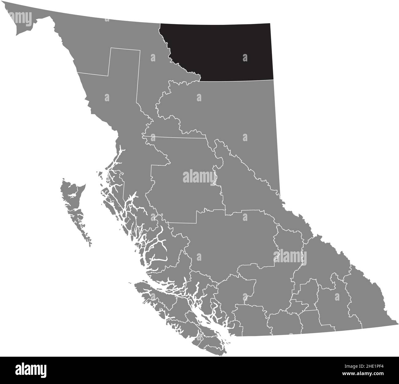 Nero piatto vuoto evidenziato mappa della posizione del DISTRETTO regionale DELLE MONTAGNE ROCCIOSE SETTENTRIONALI all'interno della mappa amministrativa grigia della provincia canadese degli inglesi Illustrazione Vettoriale