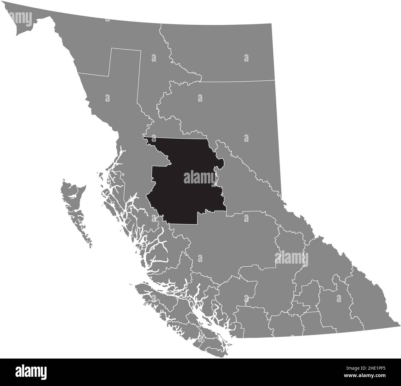 Nero piatto vuoto evidenziato mappa della posizione del distretto regionale BULKLEY–NECHAKO all'interno della mappa amministrativa grigia della provincia canadese degli inglesi Illustrazione Vettoriale